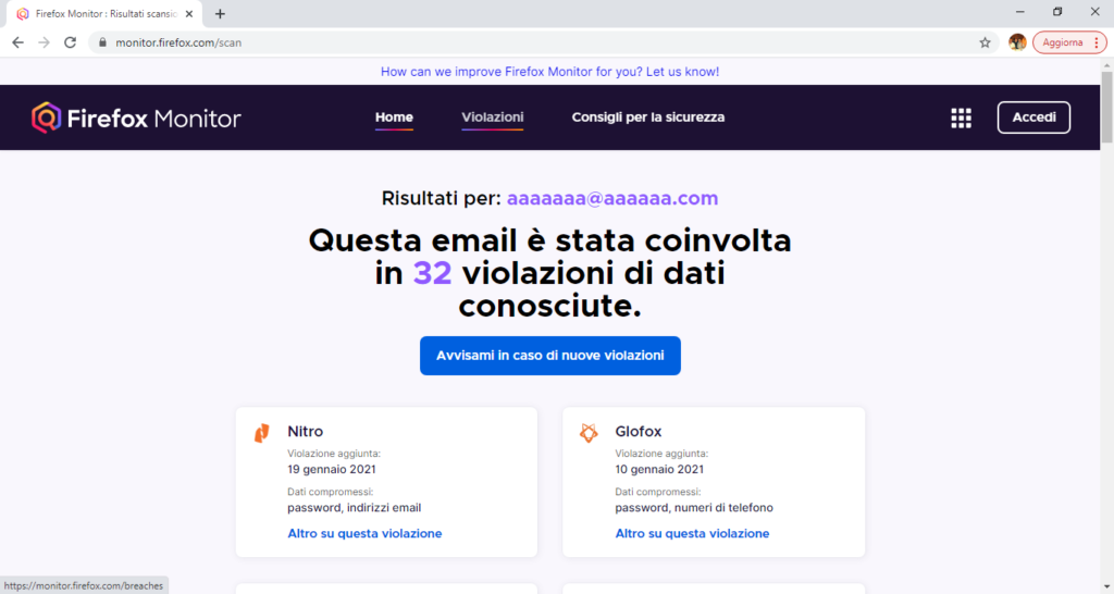 Firefox Monitor - violazioni