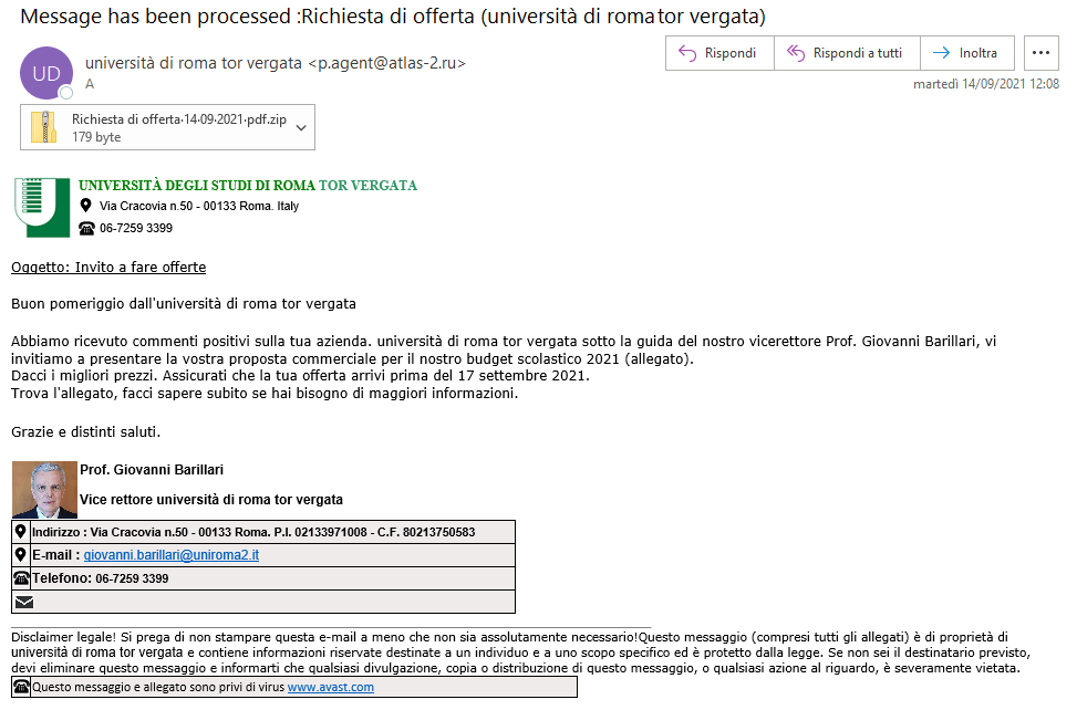 VIRUS: richiesta di offerta università di roma tor vergata