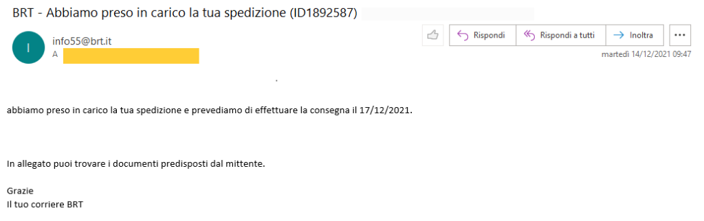 BRT - Abbiamo preso in carico la tua spedizione - come si presenta l'email